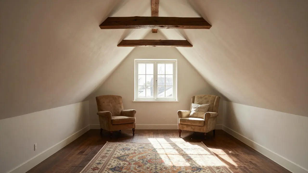 Cozy attic interior with sloped ceilings and exposed beams in colonial home
