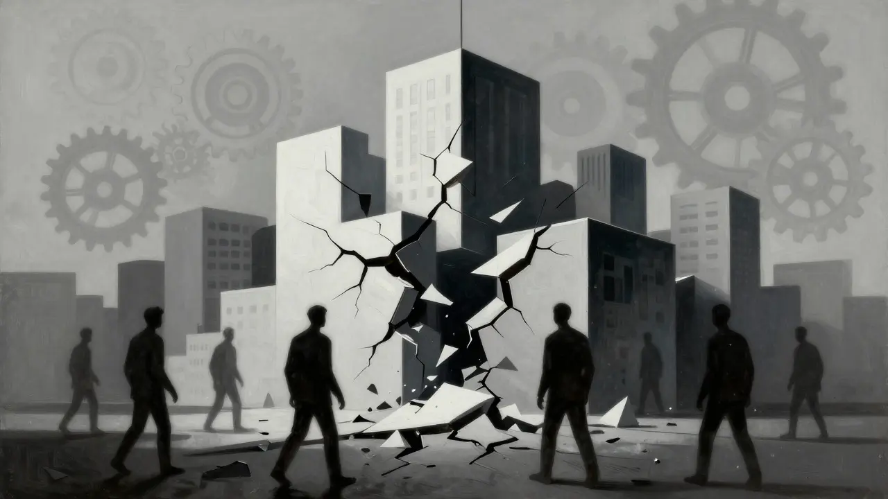 Cracking cityscape with chaotic figures, symbolizing social norm breakdown
