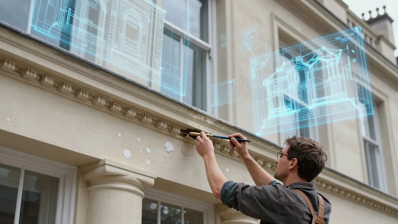 Craftsman restoring Georgian facade with digital preservation overlays