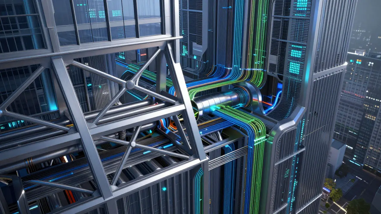 Cutaway view of high-tech building showing exposed steel and services