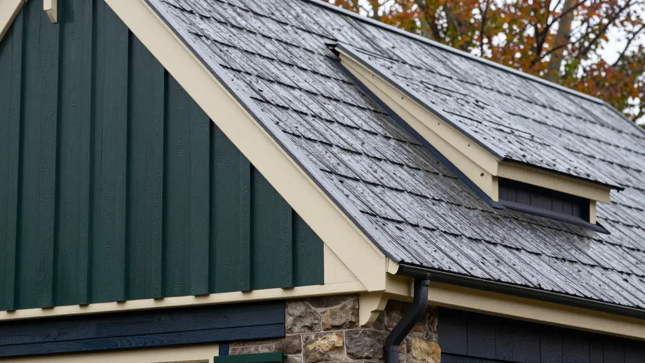 Detail of gambrel roof eaves with dentil molding and textured siding