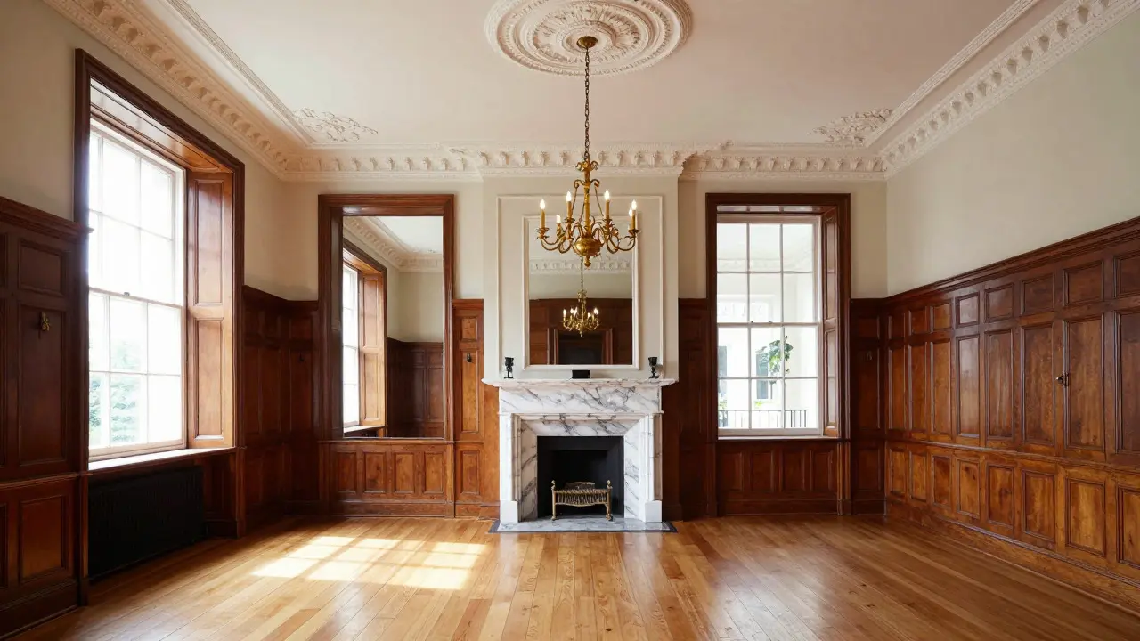 Elegant Georgian interior with wood paneling, high ceilings, and marble fireplace