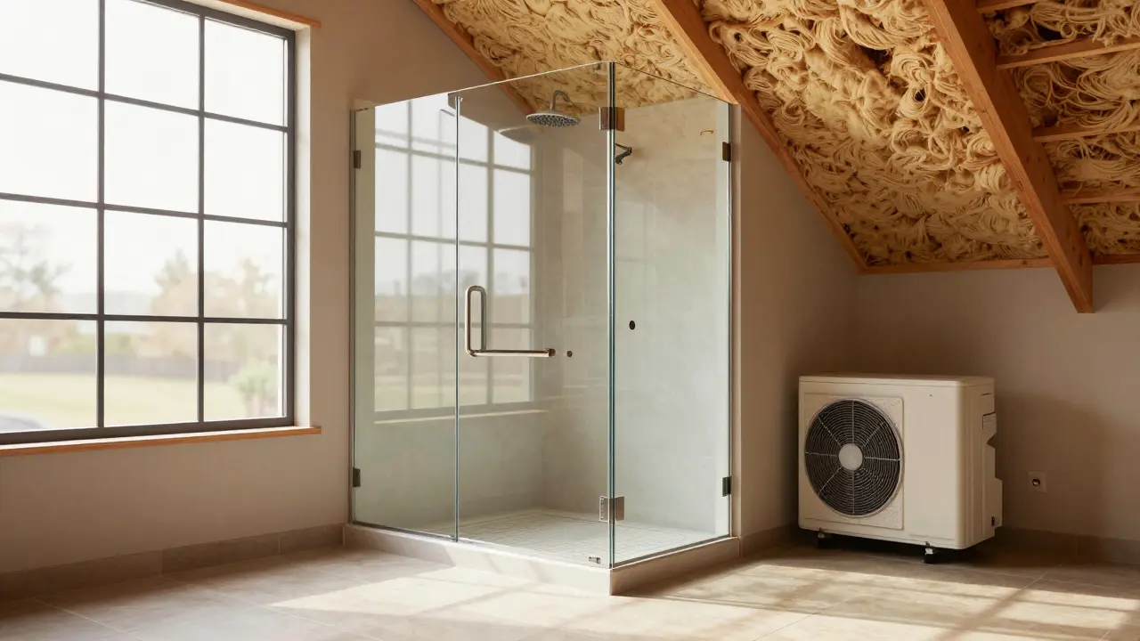 Frameless glass shower and large windows showing modern material choices