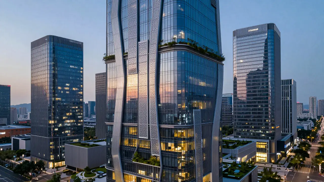 Futuristic smart city towers with kinetic facades and vertical gardens