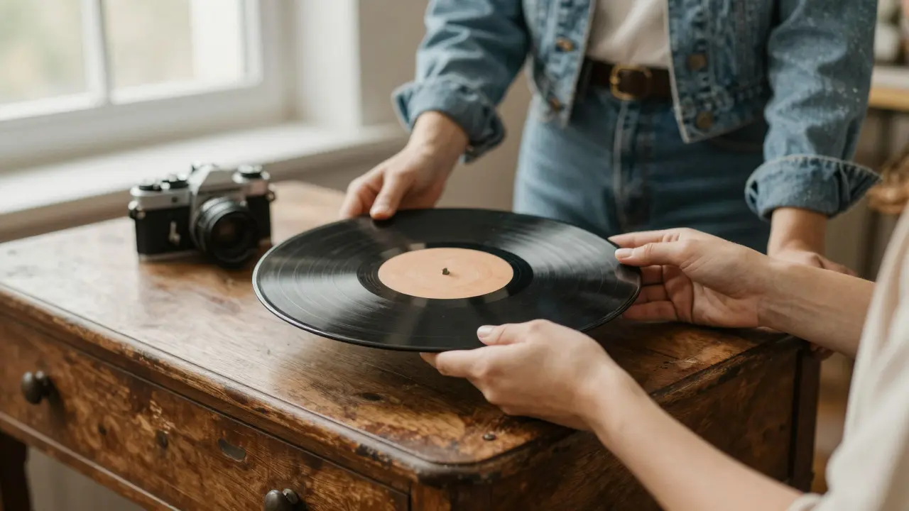 Hands holding vinyl record and film camera on restored antique wooden desk