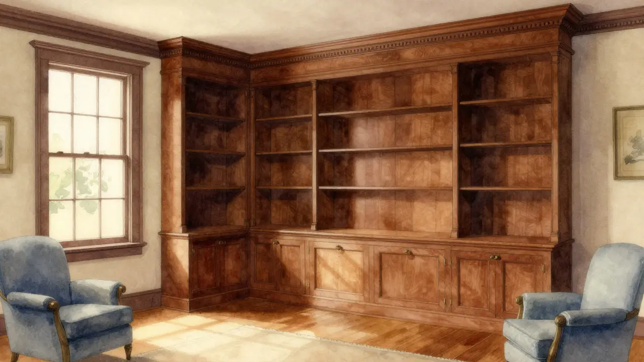 Interior of a Colonial Revival home with wood cabinetry and molding