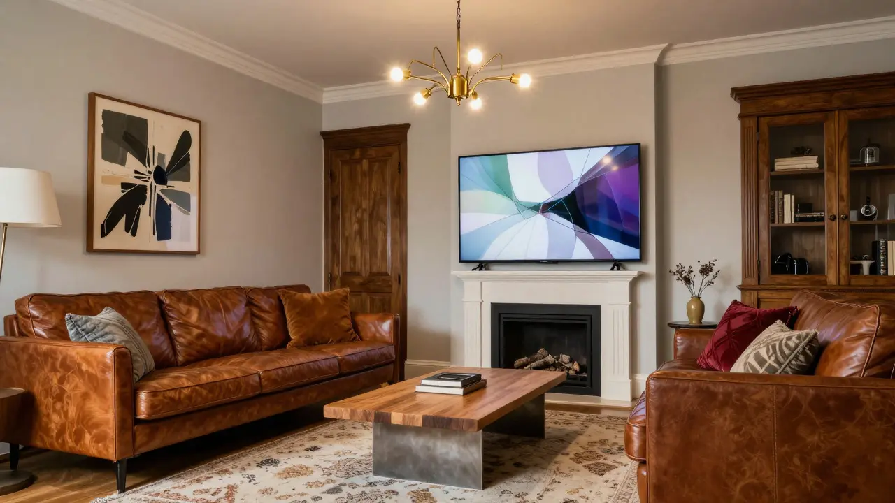Living room mixing mid-century furniture, Victorian details, and smart home tech