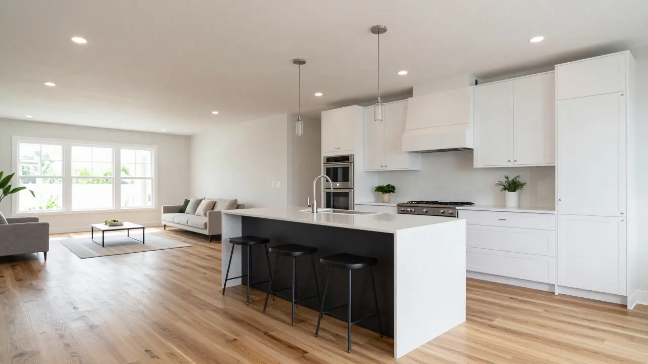 Open-plan interior with quartz island and hardwood floors in a renovated home