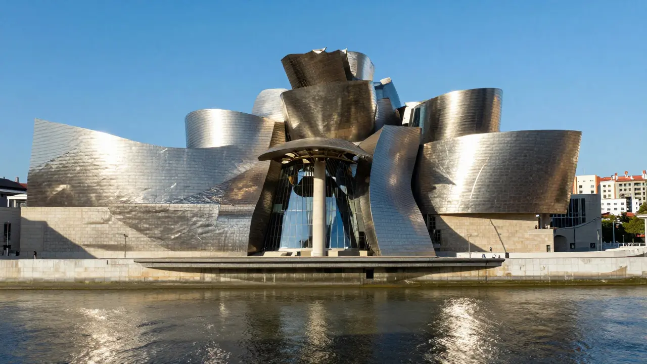 Shimmering titanium facade of the Guggenheim Museum Bilbao