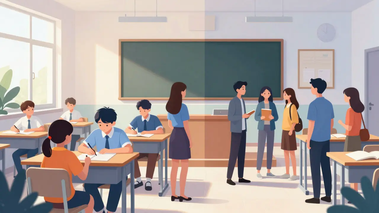 Split view of classroom showing intended teaching and hidden social benefits