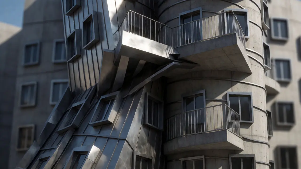 Detailed view of disjointed metal volumes and floating balconies