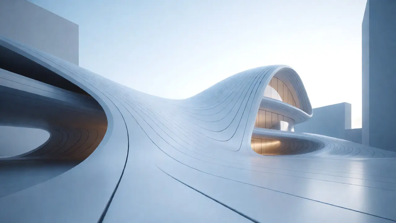 Fluid white architectural structure merging walls and roof seamlessly