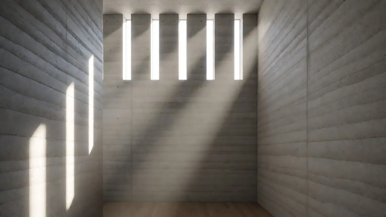 Modern interior with exposed concrete walls and narrow window light shafts highlighting texture.