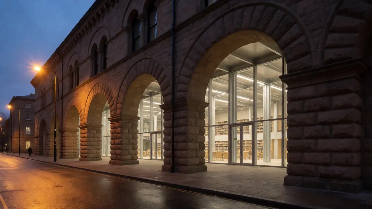 Twilight view of a building blending rustic stone arches with a glowing modern glass interior.